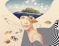 Modern contemporary art collage or design with woman and coral fish. Save marine life, travel and vacation concept. Royalty Free Stock Photo