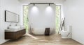 Modern contemporary bathroom with empty white wall backdrop 3d render