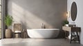 modern contemporary bathroom with gray tiles and grey tub, in the style of white and beige, new contemporary Royalty Free Stock Photo