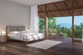 Modern contemporary bedroom overlooking wooden terrace and nature view 3d render Royalty Free Stock Photo