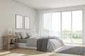 Modern contemporary cozy white bedroom with nature view 3d render Royalty Free Stock Photo