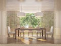 Modern contemporary dining room with nature view 3d rendering image Royalty Free Stock Photo