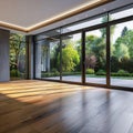 Modern contemporary empty hall with nature view 3d render, with sunlight shine through a sliding door Royalty Free Stock Photo