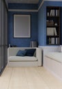 Modern contemporary home or apartment living room with white sofa, frame mockup on blue wall Royalty Free Stock Photo