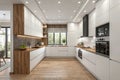 Modern contemporary kitchen with white and wood materials Royalty Free Stock Photo