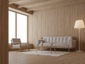 Modern contemporary living room interior with all wooden material 3d render Royalty Free Stock Photo