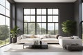 Modern contemporary living room, light and shadow, big window, interior concept