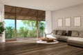 Modern contemporary living room overlooking wooden terrace and nature view 3d render