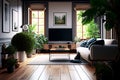 Modern contemporary living room with plants. Real estate
