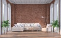 Modern contemporary living room with red brick wall 3d render Royalty Free Stock Photo