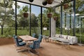 large modern contemporary loft with couch and dining table and indoor plants vertical garden panoramic view rural landscape Royalty Free Stock Photo