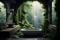 Modern contemporary loft-style bathroom with tropical-style nature view Royalty Free Stock Photo