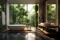 Modern contemporary loft-style bathroom with tropical-style nature view Royalty Free Stock Photo