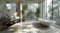 Modern contemporary loft style bathroom with tropical style nature view 3d render Royalty Free Stock Photo