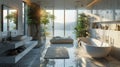 Modern contemporary loft style bathroom with tropical style nature view 3d render Royalty Free Stock Photo
