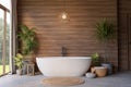 Modern contemporary loft style wooden bathroom 3d render decorated with white bathtub and potted plants Royalty Free Stock Photo