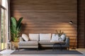 Modern contemporary loft style wooden living room empty plank wall 3d render Royalty Free Stock Photo