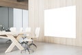 Modern contemporary meeting room interior with blank white mock up banner on wooden wall, table and chairs, decorative objetcs. 3D Royalty Free Stock Photo