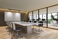 Modern contemporary meeting room interior with city view 3d render overlooking office working area behind