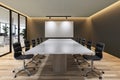 Modern contemporary meeting room interior with empty white board 3d render overlooking office space behind