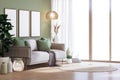 Modern contemporary pastel green wall living room 3d render Royalty Free Stock Photo