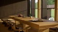 Modern contemporary restaurant seating area or dining room interior with long wood table