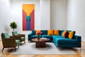 Modern contemporary simple minimalist modern cozy, comfortable, colorful artistic and elegant living room for house and apartment Royalty Free Stock Photo