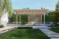 Modern contemporary style green garden with wooden pavilion 3d render