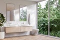 Modern contemporary style restroom with tropical style nature view 3d render Royalty Free Stock Photo