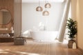 Modern contemporary style wooden bathroom 3d render Royalty Free Stock Photo