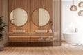 Modern contemporary style wooden bathroom 3d render there are wood floor decorated with circle mirror and wooden laths