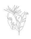 Modern continuous line art of ancient greek goddess statue with tropical florals: banana leaf, strelitzia flower