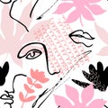 Modern continuous line art faces, brush stroke, doodle, florals seamless pattern