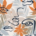 Modern continuous line art faces, tropical leaves seamless pattern