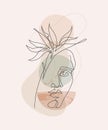 Modern continuous line art of woman face with geometric shapes, tropical strelitzia flower