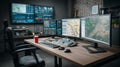 Modern Control Center with Multiple Monitors Displaying Cyber Data and Maps