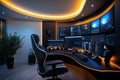 Modern control center with multiple screens and futuristic lighting, ideal for technology and cybersecurity themes Royalty Free Stock Photo