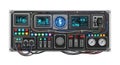 Modern control panel with multiple digital screens displaying graphs globe city skyline time temperature and pressure gauges with Royalty Free Stock Photo