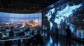 Modern control room with global data screens and city view Royalty Free Stock Photo