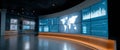 Modern control room with large curved digital display screens showing world map and data analytics graphs in a dimly lit high-tech Royalty Free Stock Photo