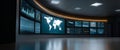 Modern control room with large curved digital screens displaying global maps and data analytics in a dark, high-tech environment Royalty Free Stock Photo