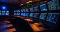 Modern control room with multiple computer monitors displaying graphs and charts in dim blue and green lighting professional Royalty Free Stock Photo