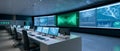 Modern control room with multiple computer monitors and large digital display screens showing data and maps in a high-tech Royalty Free Stock Photo