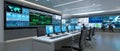 Modern control room with multiple computer monitors and large digital display walls showing data and maps in a high-tech Royalty Free Stock Photo