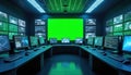 Modern control room with multiple computer screens displaying data. A large green screen is central for editing. Workstations are Royalty Free Stock Photo