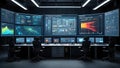 Modern control room with multiple screens displaying data and network visualizations Royalty Free Stock Photo