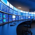 Modern Control Room with Multiple Screens Displaying Data Visualizations Royalty Free Stock Photo