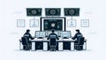 modern control room with three operators monitoring data on multiple screens, showcasing teamwork and technology Royalty Free Stock Photo