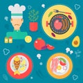 Modern cooking love flat concept. Kitchen tools, food dish and cooking infographics design, web elements, poster banners