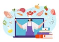 Modern cooking online course woman professional teach cooking skill, remote web study flat vector illustration, isolated